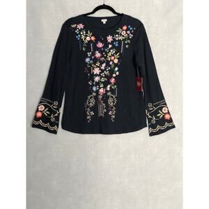 Reba Embroidered Top Women's Medium Long Sleeve Navy NEW